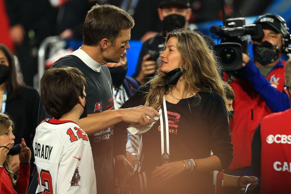 PHOTO: Tampa Bay Buccaneers Tom Brady with his wife, Gisele Bundchen after winning Super Bowl LV, Feb. 07, 2021, in Tampa, Florida.