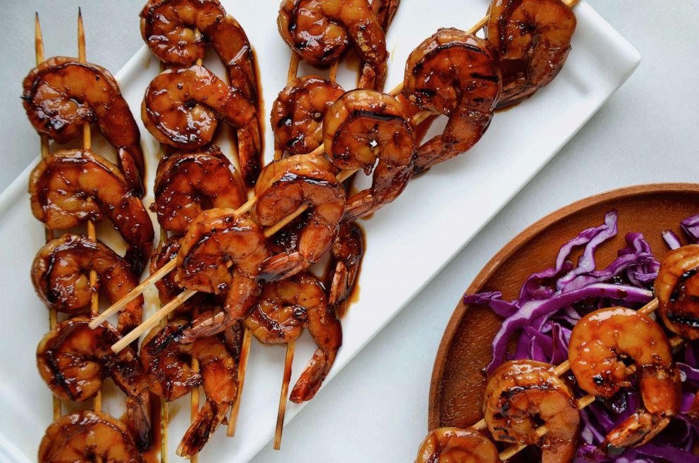 PHOTO: Glazed honey garlic shrimp skewers.