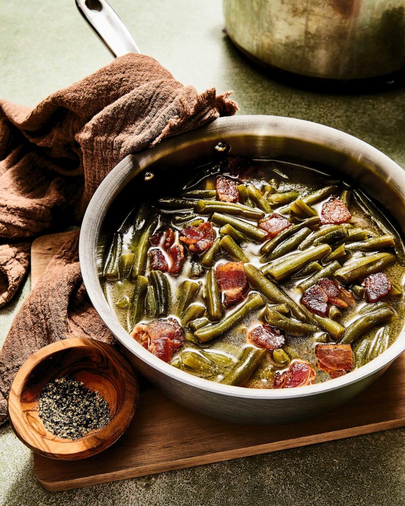 PHOTO: A pan of Southern Green Beans from Dolly Parton's new cookbook, “Good Lookin’ Cookin’.”