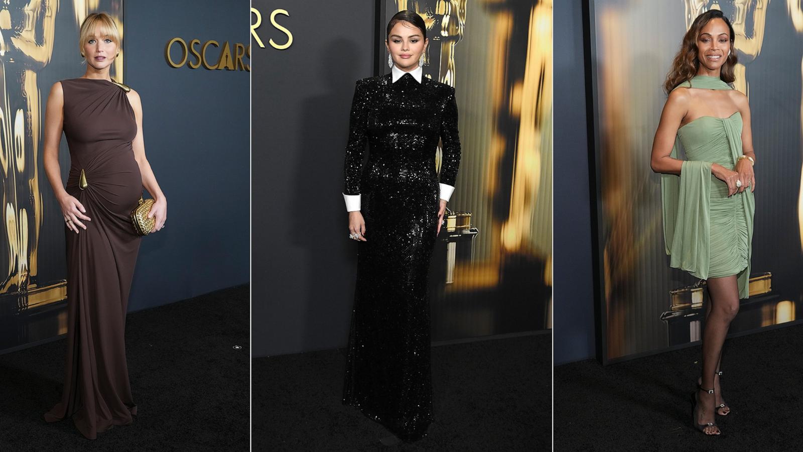 PHOTO: In this composite photo, Jennifer Lawrence, Selena Gomez and Zoe Saldana arrive at the 2024 Governors Awards at Dolby Theatre in Hollywood, Calif., Nov. 17, 2024.