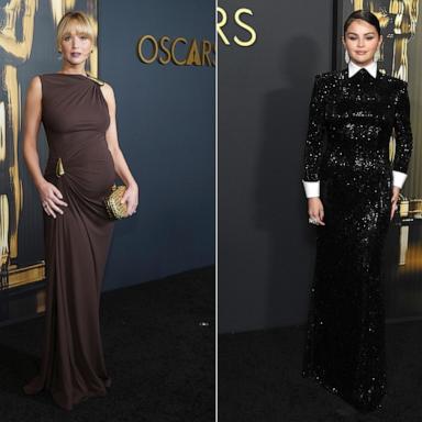 PHOTO: In this composite photo, Jennifer Lawrence, Selena Gomez and Zoe Saldana arrive at the 2024 Governors Awards at Dolby Theatre in Hollywood, Calif., Nov. 17, 2024.