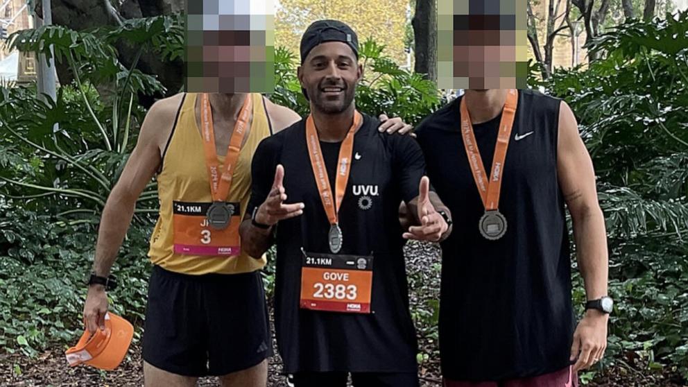 PHOTO: Govind Sandhu, 38, is pictured finishing a half-marathon in Sydney, just prior to his cancer diagnosis.