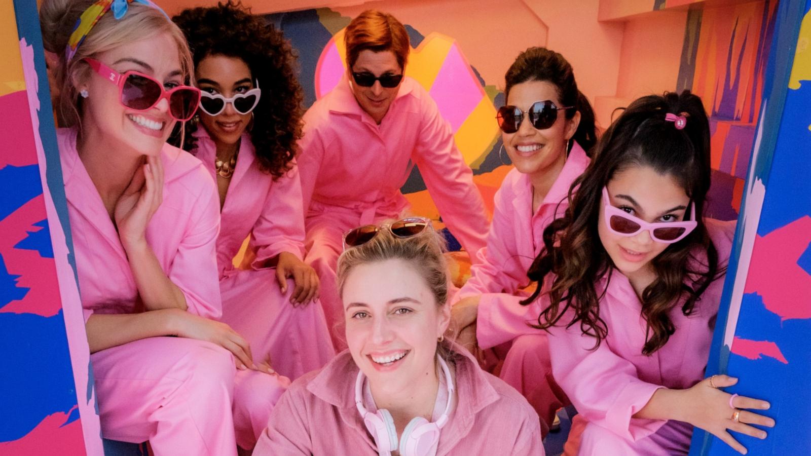 PHOTO: Margot Robbie, Alexandra Shipp, Michael Cera, Greta Gerwig (foreground), America Ferrera and Ariana Greenblatt on the set of "Barbie."