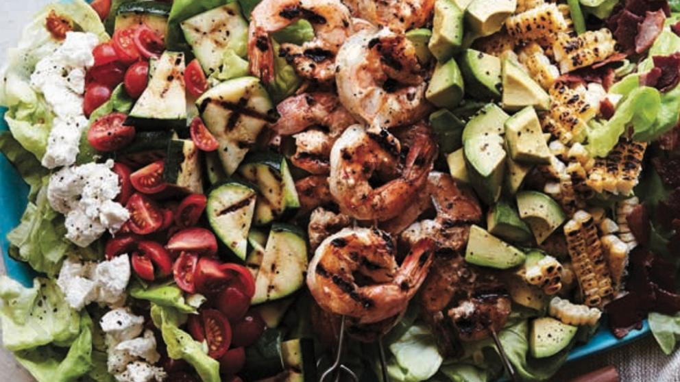 PHOTO: A bowl of grilled shrimp cobb salad. 