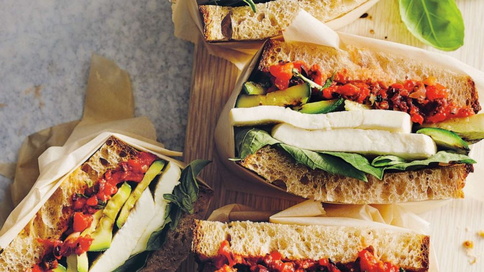 PHOTO: Grilled zucchini sandwiches with red pepper tapenade, mozzarella and basil.