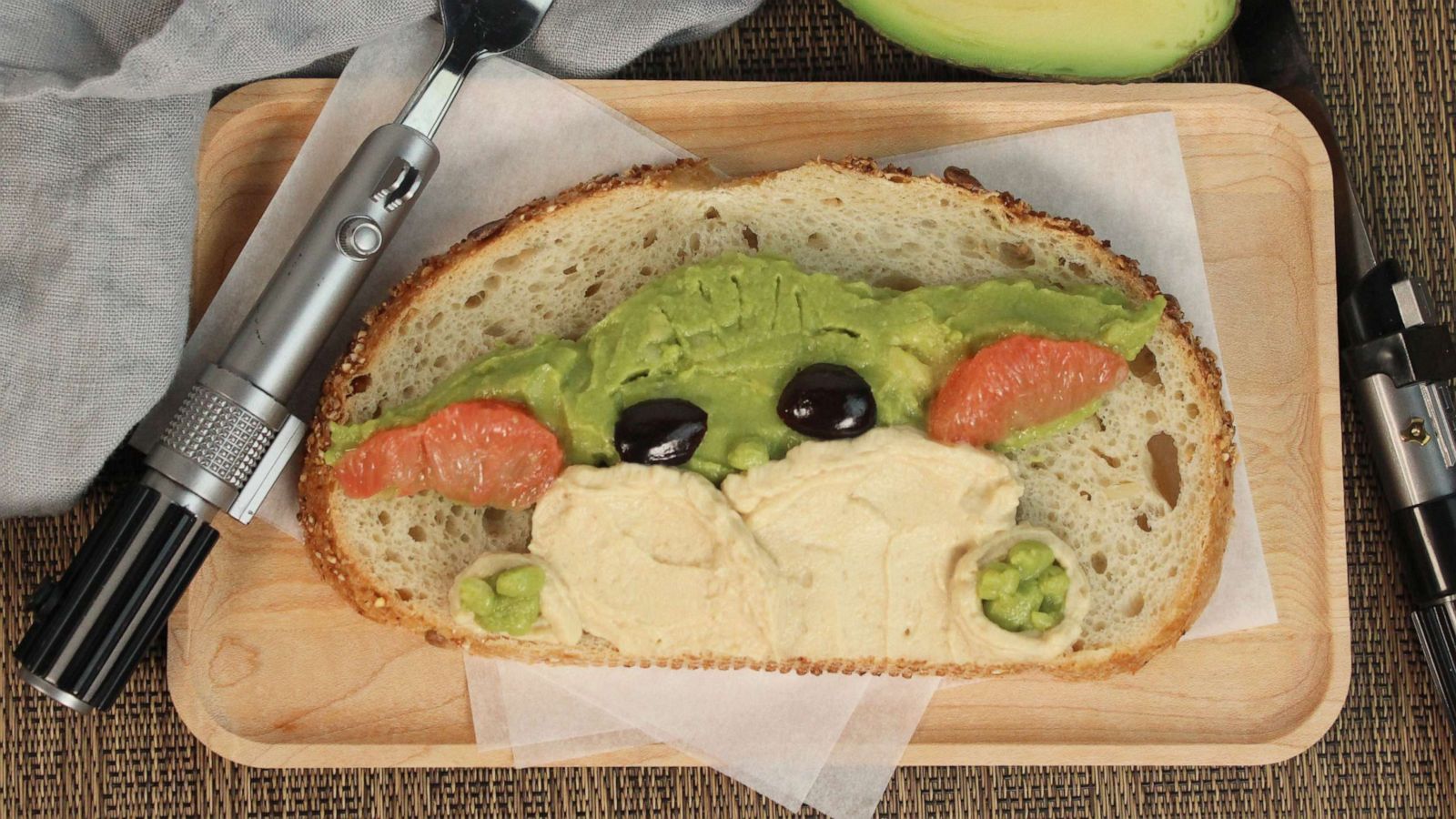 PHOTO: Grogu-inspired avocado and hummus toast.