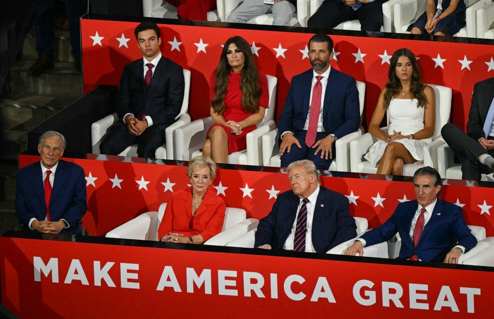 PHOTO: Kimberly Guilfoyle (2L), her son Ronan Anthony Villency (L), Donald Trump Donald Trump Jr., his daughter Kai Madison Trump during the third day of the 2024 Republican National Convention, in Milwaukee, July 17, 2024. 