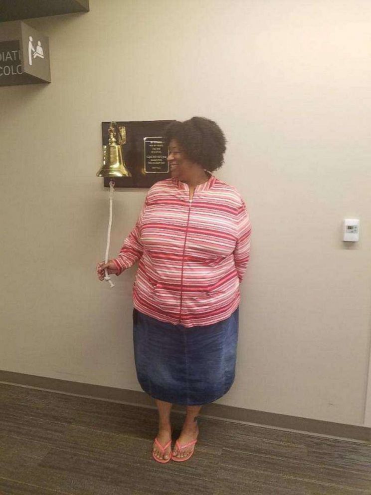 PHOTO: Keasha Hawkins rings a bell when she completed radiation on June 12, 2018. 