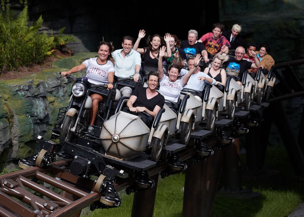 PHOTO: Stars of the Harry Potter films ride the news coaster at Universal Studios Orlando. 