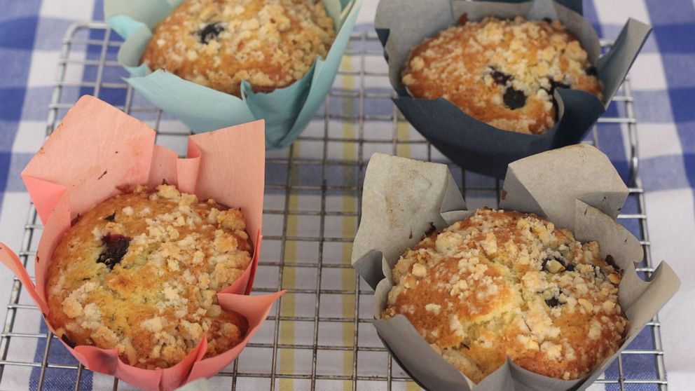 PHOTO: Blueberry and raspberry muffins with streusel topping.