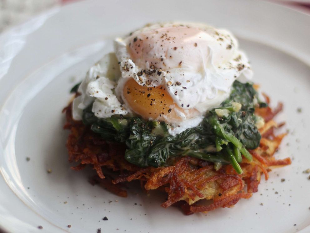 PHOTO: Eggs Florentine over crispy potato cakes is a perfect Mothers Day breakfast dish.