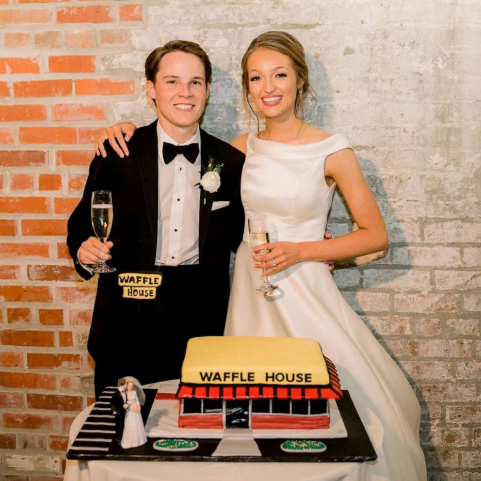 PHOTO: Newlywed Hayes and Elizabeth Rivault with their Waffle House wedding cake.