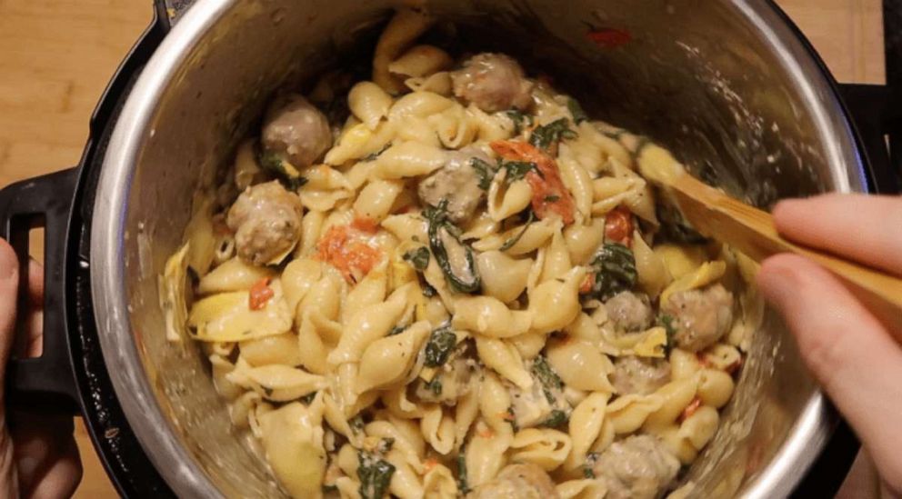 PHOTO: Sausage and shells with artichokes and spinach made in the Instant Pot. 