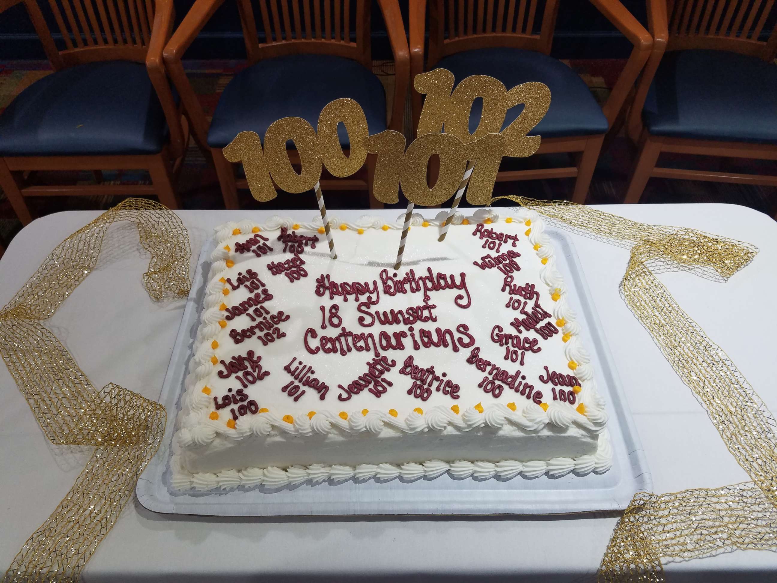 PHOTO: The birthday cake for 18 centenarians at the Sunset Retirement Community.