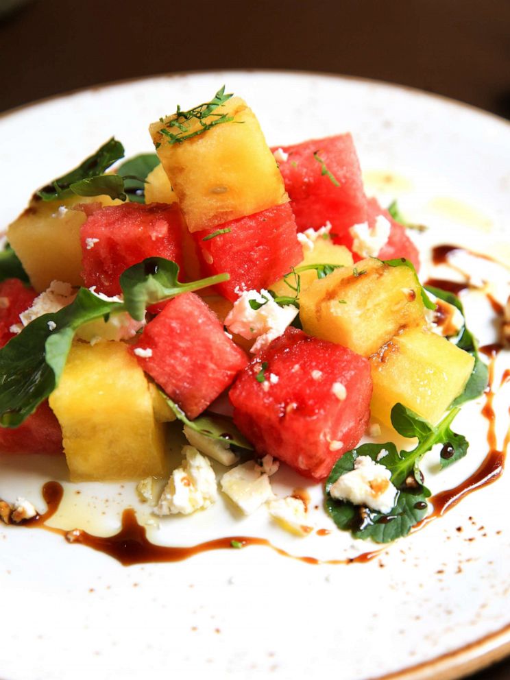 PHOTO: Red and yellow watermelon salad with feta and upland cress.