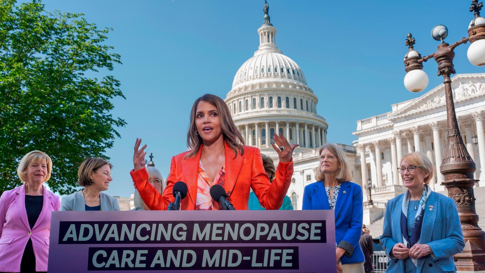 PHOTO: Halle Berry joins female senators as they introduce new legislation to boost federal research on menopause, at the Capitol, May 2, 2024.