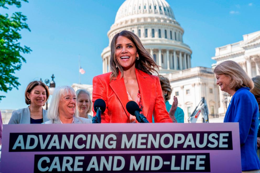 PHOTO: Halle Berry joins senators as they introduce new legislation to boost federal research on menopause, at the Capitol, May 2, 2024. 