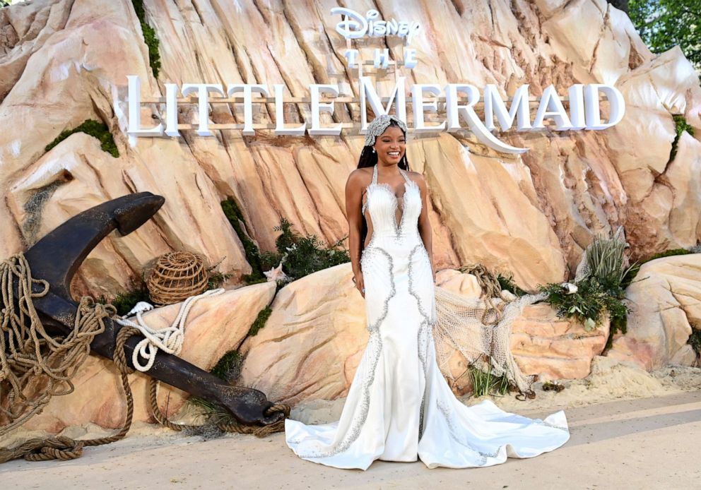 Halle Bailey wears white gown, beaded headpiece for 'Little