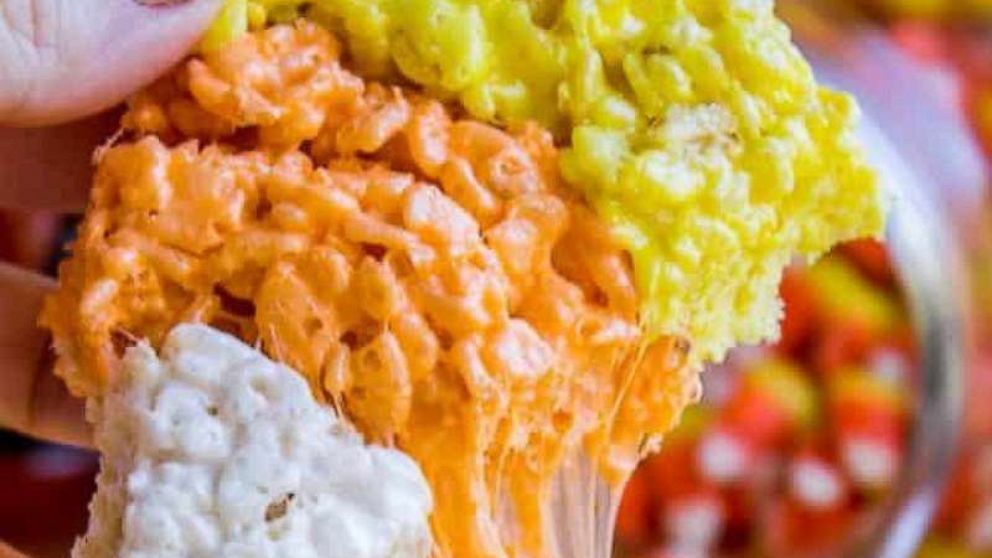 PHOTO: A candy corn-shaped and colored rice krispie treat.