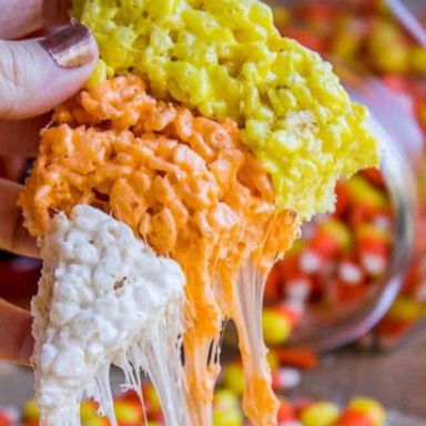 PHOTO: A candy corn-shaped and colored rice krispie treat.