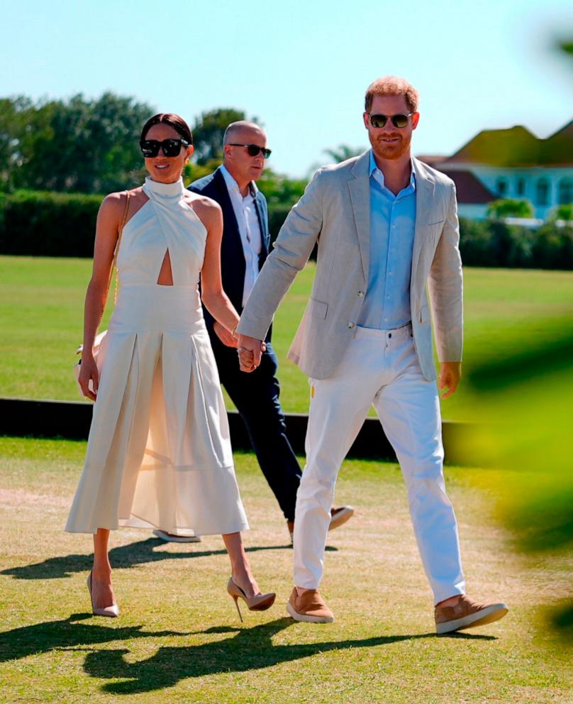 PHOTO: Britain's Prince Harry and wife Meghan Markle, Duchess of Sussex, arrive for the 2024 Royal Salute Polo Challenge to Benefit Sentebale, Wellington, FL, April 12, 2024