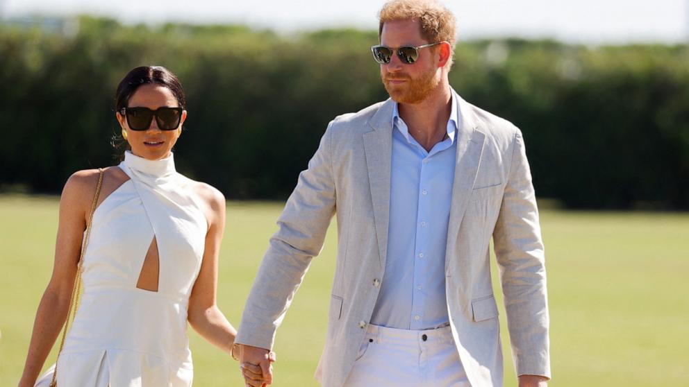 PHOTO: Britain's Prince Harry and Meghan, Duchess of Sussex attend the Royal Salute Polo Challenge to benefit Sentebale, Wellington, FL, April 12, 2024. 