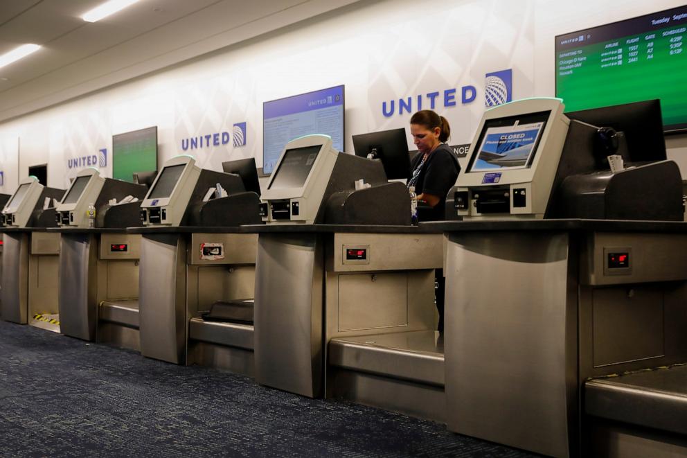 PHOTO: United Airlines check-in counter at Tampa International Airport (TPA) ahead of Hurricane Ian in Tampa, Fla., Sept. 27, 2022. 