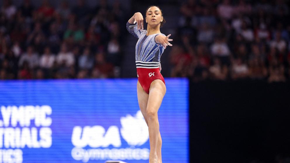 PHOTO: Hezly Rivera competes on the beam during the U.S. Olympic Team Gymnastics Trials at Target Center, Jun 30, 2024, in Minneapolis.