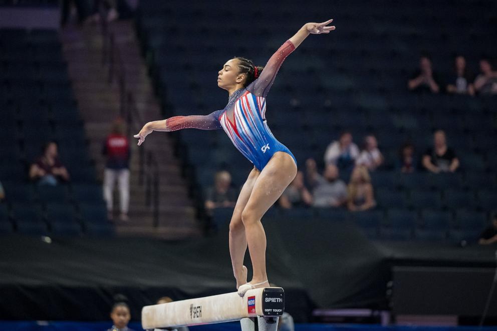 PHOTO: Hezly Rivera warming up on beam on Day Two of the 2024 U.S.Olympic Team Gymnastics Trials at Target Center, June 28, 2024, in Minneapolis.