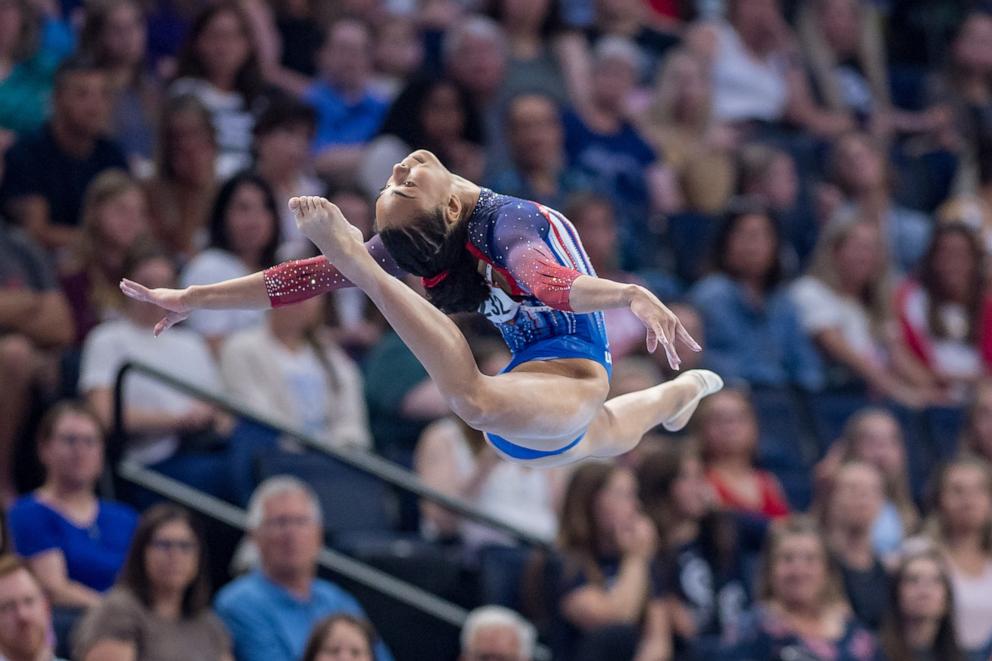 PHOTO: Hezly Rivera on Beam on Day Two of the 2024 U.S.Olympic Team Gymnastics Trials at Target Center, June 28, 2024, in Minneapolis.