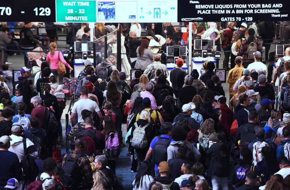 PHOTO: Passengers wait in the Transportation Security Administration (TSA) screening line at Orlando International Airport ahead of the Christmas holiday travel in Orlando, Fla., Dec. 22, 2023.