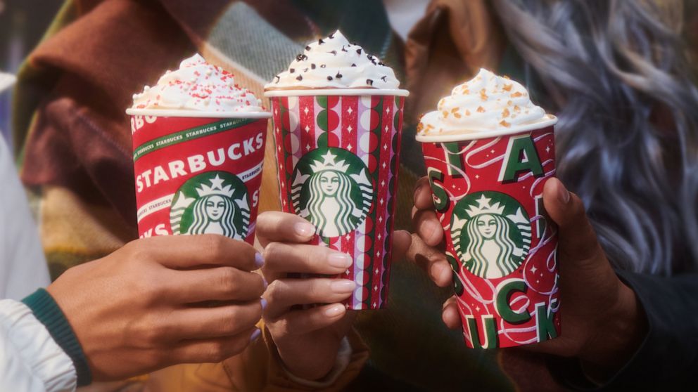 New holiday drinks in seasonal cups from Starbucks.