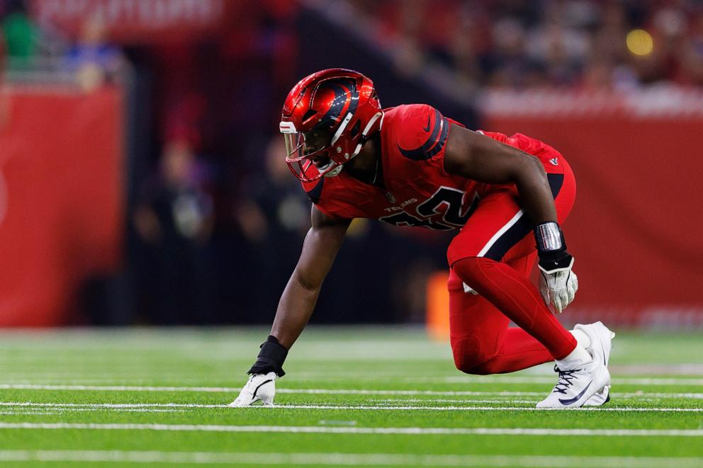 PHOTO: Defensive end Dylan Horton #92 of the Houston Texans gets set during the first quarter of an NFL football game against the Detroit Lions at NRG Stadium on Nov. 10, 2024 in Houston.