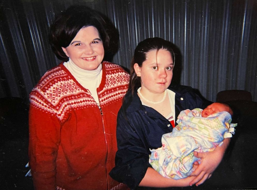 Benjamin when he was baby is pictured with his birth mom and his adopted mom, Angela Hulleberg, on the day he was adopted.