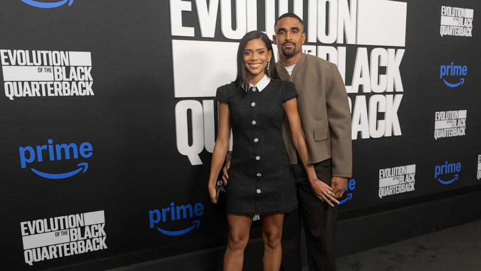 PHOTO: Bry Burrows and Jalen Hurts attend Prime Video's "The Evolution Of The Black Quarterback" New York Premiere at The Apollo Theater on Sept. 24, 2024 in New York City.