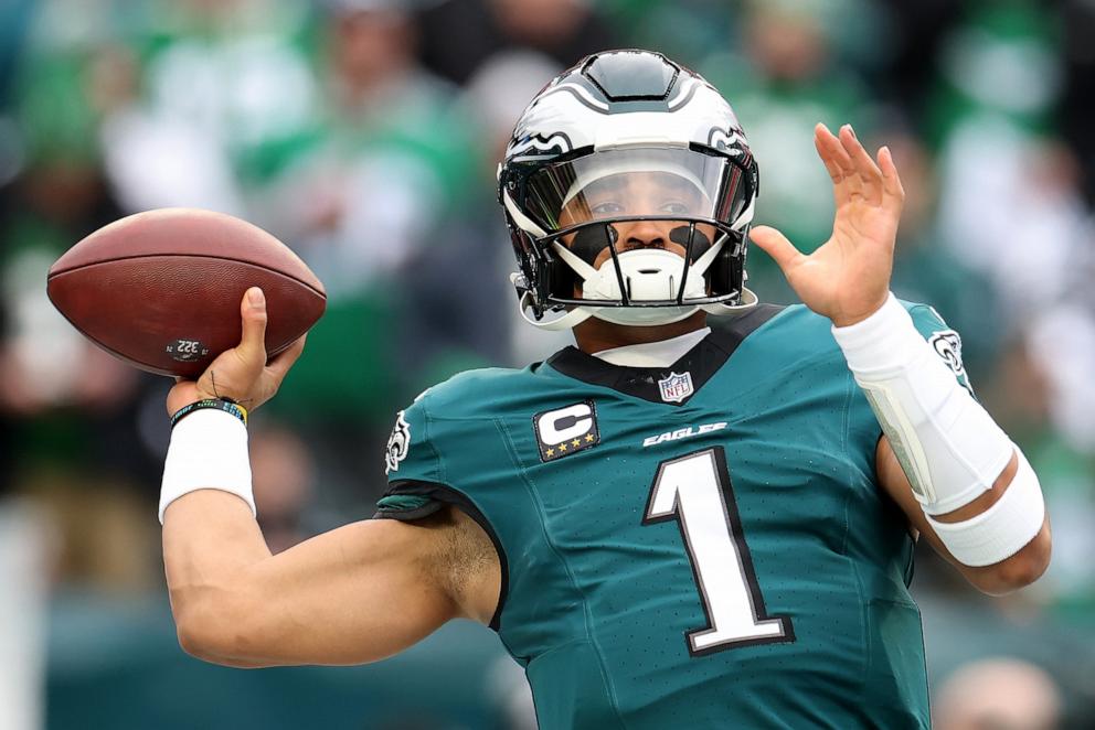 PHOTO: Jalen Hurts #1 of the Philadelphia Eagles warms up prior to the NFC Championship Game against the Washington Commanders at Lincoln Financial Field on Jan. 26, 2025 in Philadelphia.