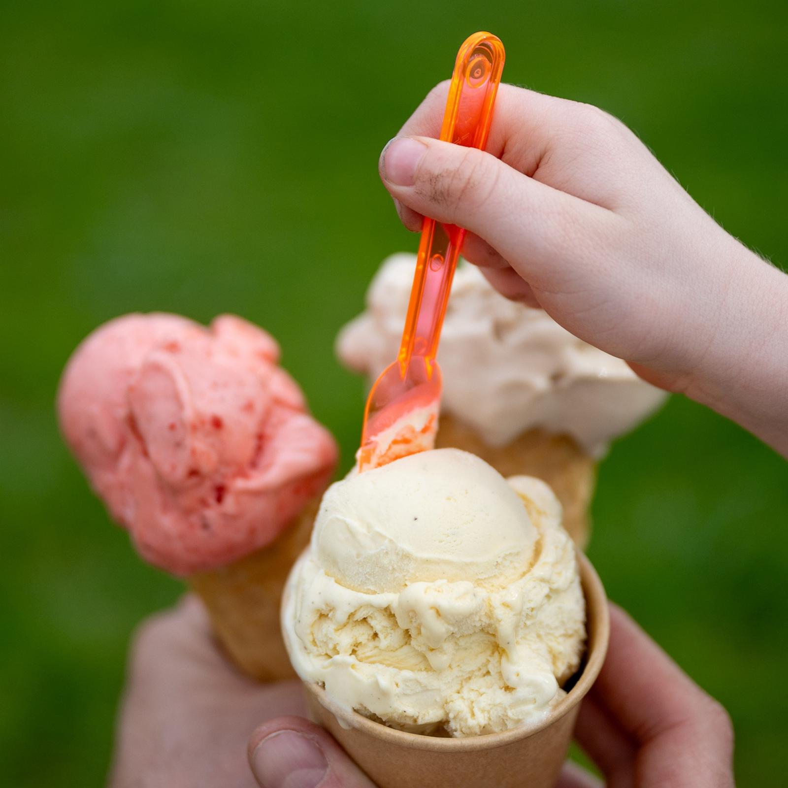 A toddler eats ice cream from a cone in summer temperatures.