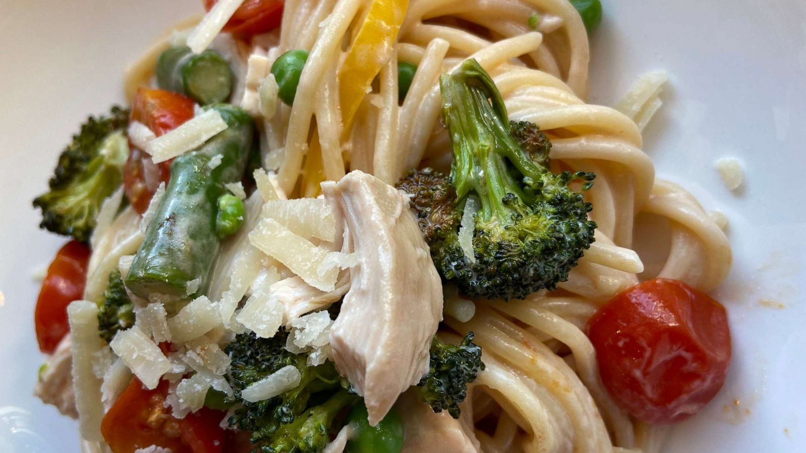 PHOTO: Pasta with vegetables and chicken.