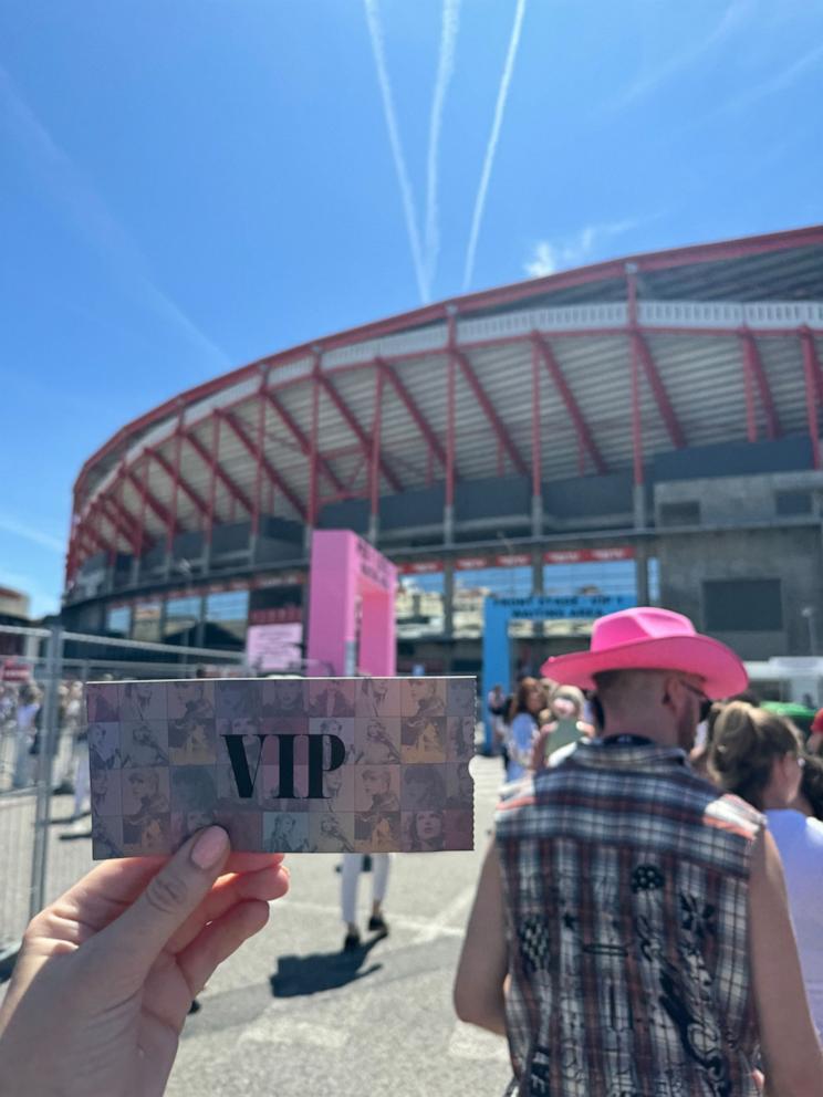 PHOTO: Swiftie Megan Levi holds up her ticket at the Eras Tour night two in Lisbon.