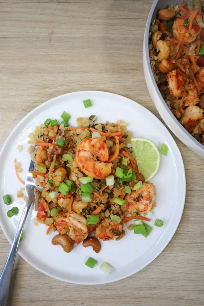PHOTO: Fried cauliflower rice with shrimp and green onions.