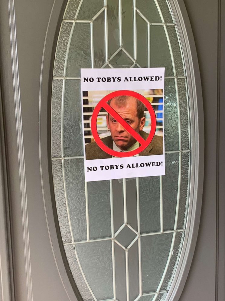 PHOTO: The "No Tobys Allowed" sign hung on the front door at Kayleigh Brown's "The Office"-themed bridal shower.