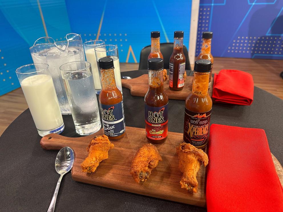 PHOTO: A lineup of three Hot Ones sauced wings on the set of "Good Morning America."