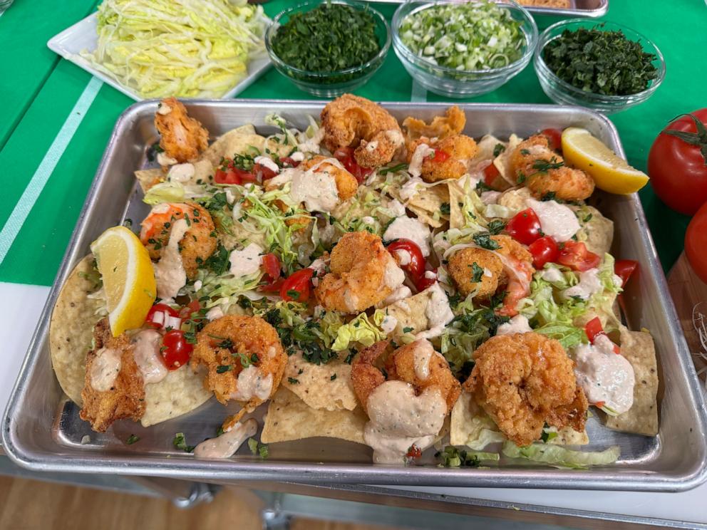 PHOTO: A tray of shrimp po' boy inspired nachos to make for Super Bowl LIX. 