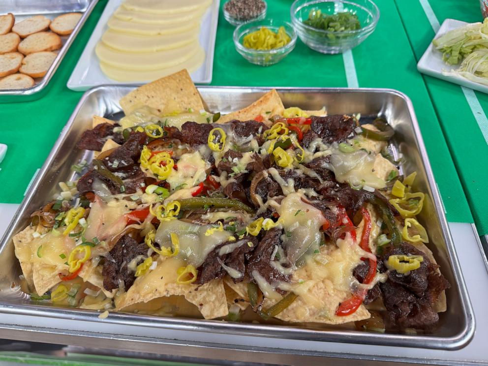 PHOTO: A sheet tray of Philly cheesesteak nachos inspired by the Philadelphia Eagles to make for Super Bowl LIX. 