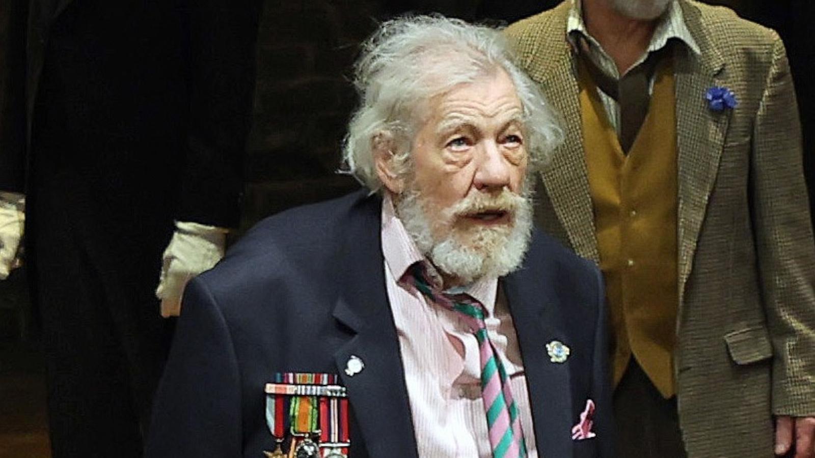 PHOTO: Sir Ian McKellen bows at the curtain call during the press night performance of "Player Kings" at the Noel Coward Theatre in London, April 11, 2024.