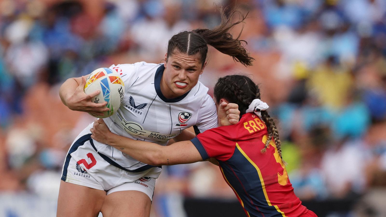 PHOTO: Ilona Maher of the United States in action during the women's match between USA and Spain during day one of the World Rugby Sevens series at FMG Stadium in Hamilton, New Zealand, Jan. 21, 2023.