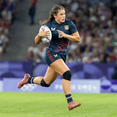 PHOTO: Ilona Maher of the United States Women's National Team runs with the ball during a women's quarter final match against Great Britain at the 2024 Paris Olympic Games, July 29, 2024.