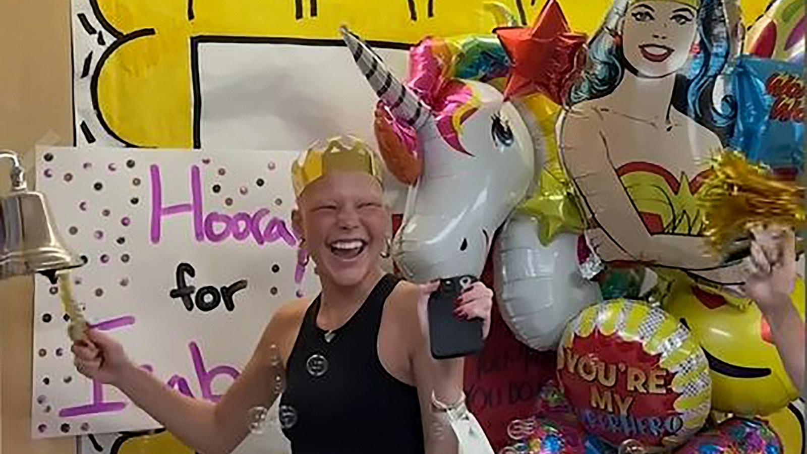 PHOTO: Isabella Strahan celebrates ringing the bell at the end of her chemotherapy treatments for medulloblastoma.