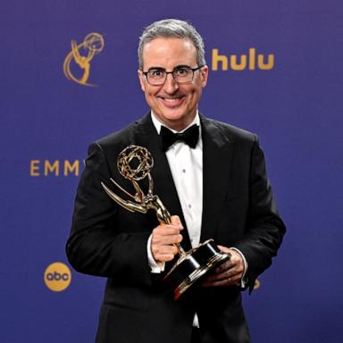PHOTO: John Oliver, winner of the Outstanding Scripted Variety Series Award for "Last Week Tonight with John Oliver", poses in the press room during the 76th Emmy Awards at the Peacock Theatre at L.A. Live in Los Angeles on September 15, 2024. 