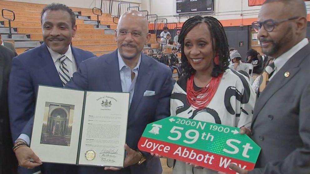 PHOTO: Joyce Abbott poses for a photo during a ceremony in her honor held at Overbrook High School, Sept. 26, 2023, in Philadelphia.